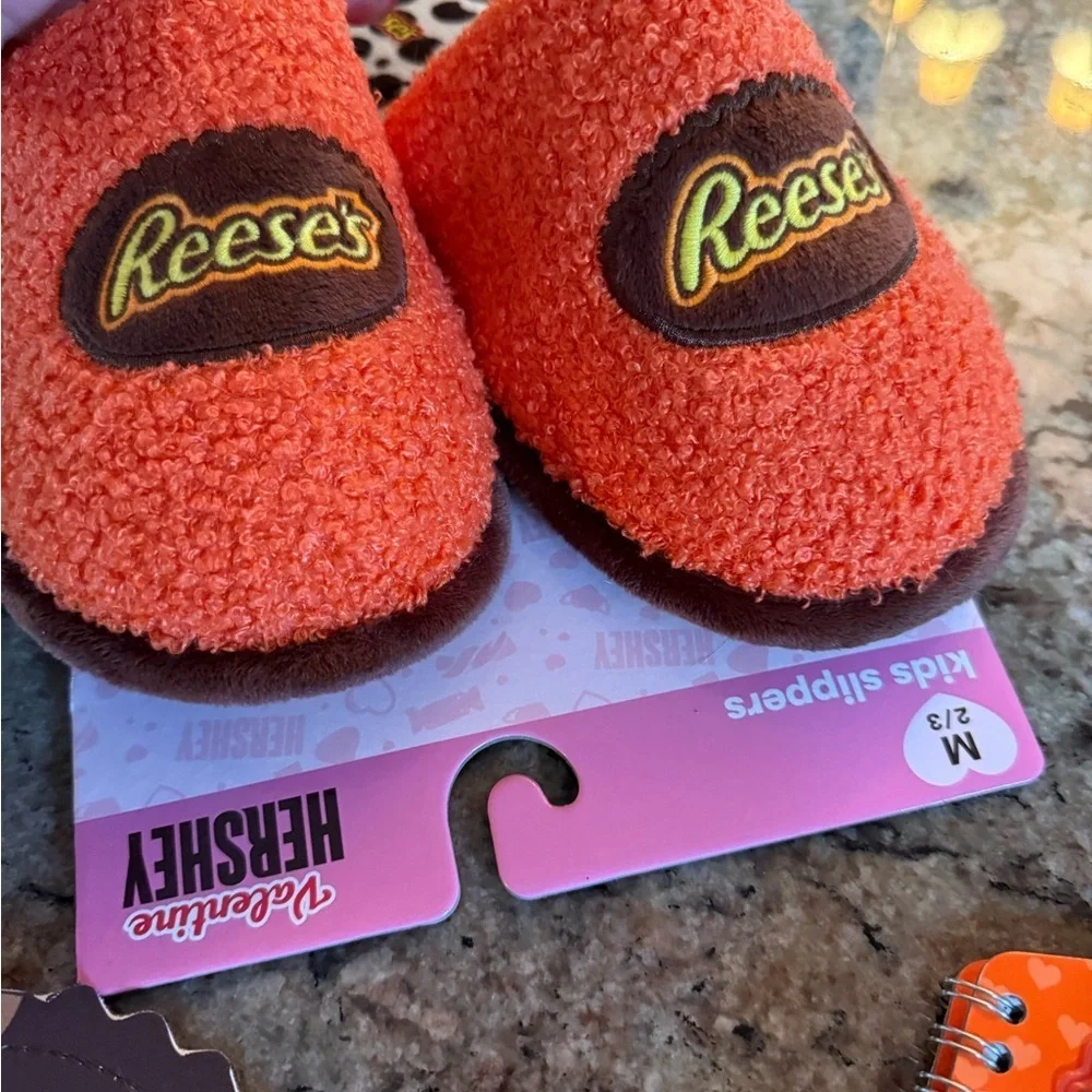 Youth Sz M 2/3 Cozy Orange Reese’s Slippers Fun Notebook and Bag